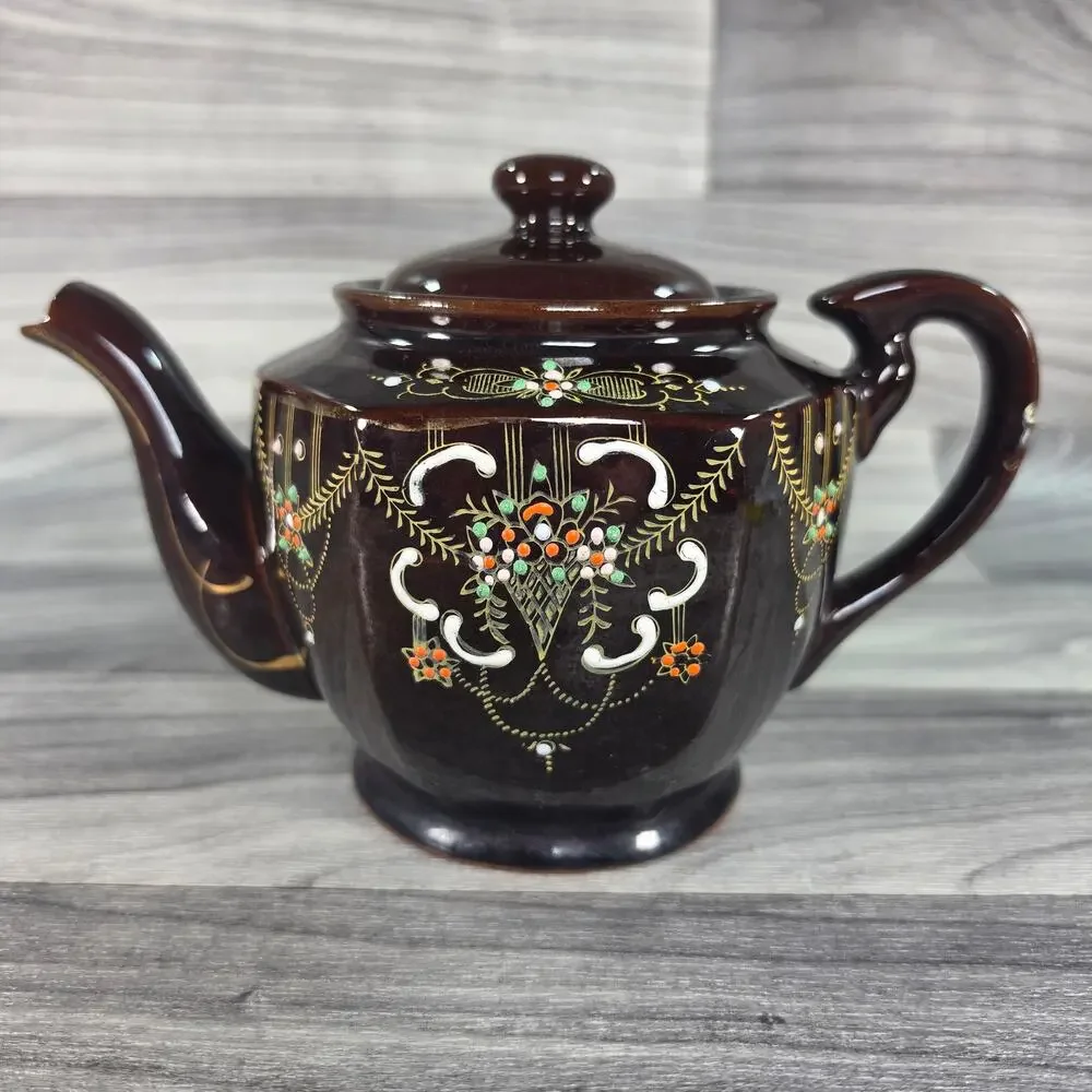 Vintage Japanese Dark Brown Teapot Hand Painted Raised Moriage Floral Gold Japan